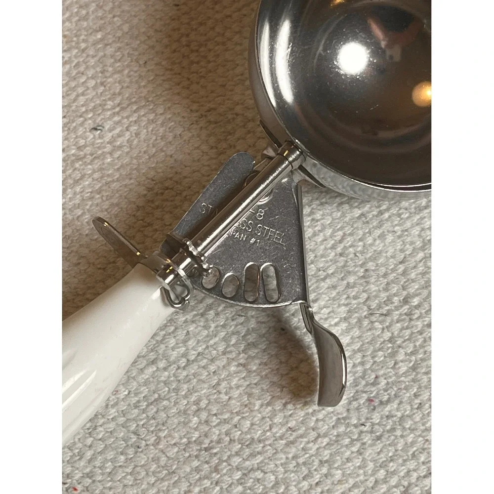 Vintage NSF #6 Stainless Steel Portion Scoop Disher White Handle